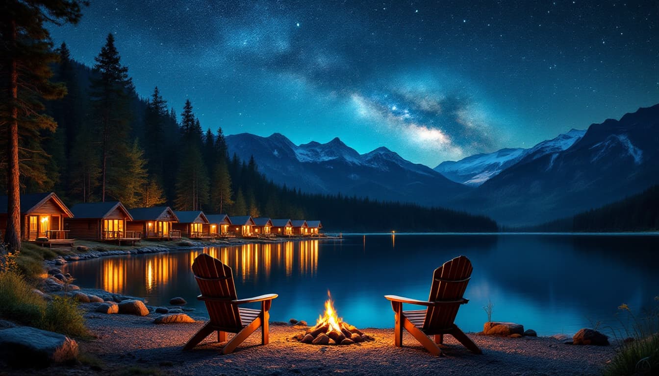 AI generated: Lakefront cabin scene at night, tranquil and serene, tranquil scene, calm atmosphere, majestic milky...