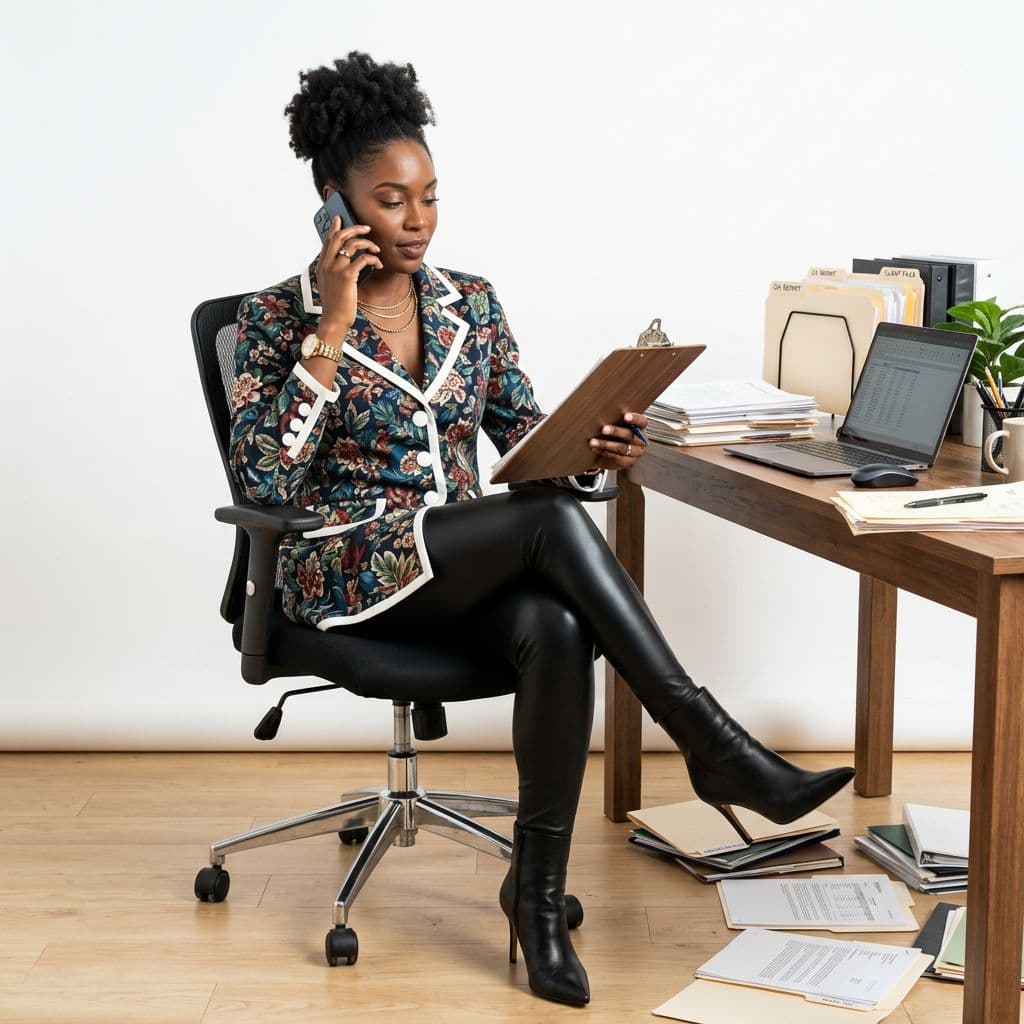 AI generated: Full-body shot of a dark-brown-skinned female seated in an office chair, crossing her legs, holding ...