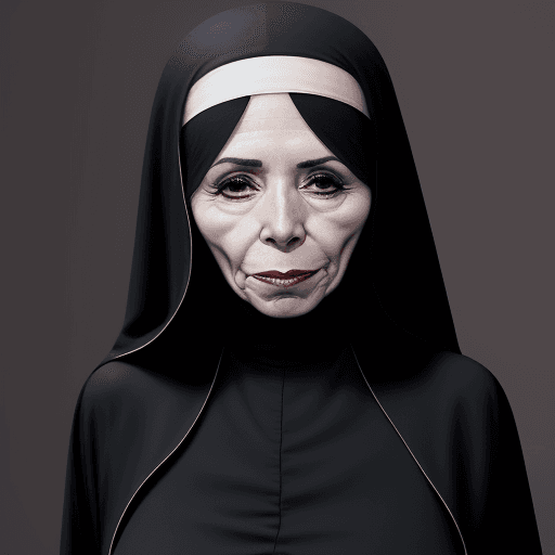 AI generated: Cristina Kirchner, nun, shriveled skin, pancake tits, hispanic, long eyelashes, 60 years old, bendin...