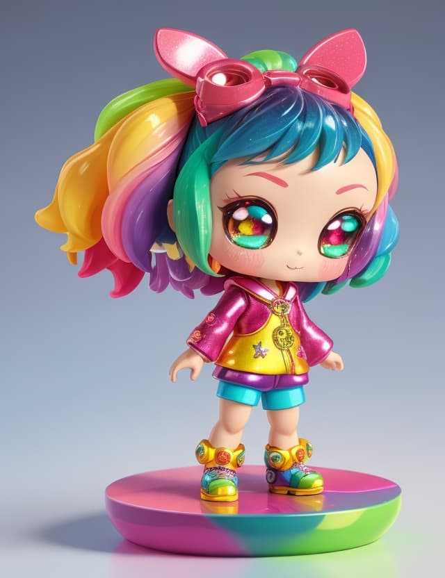 AI generated: a vibrant and whimsical vinyl art toy figurine of a little chibi girl with glitter , rainbow glitter...