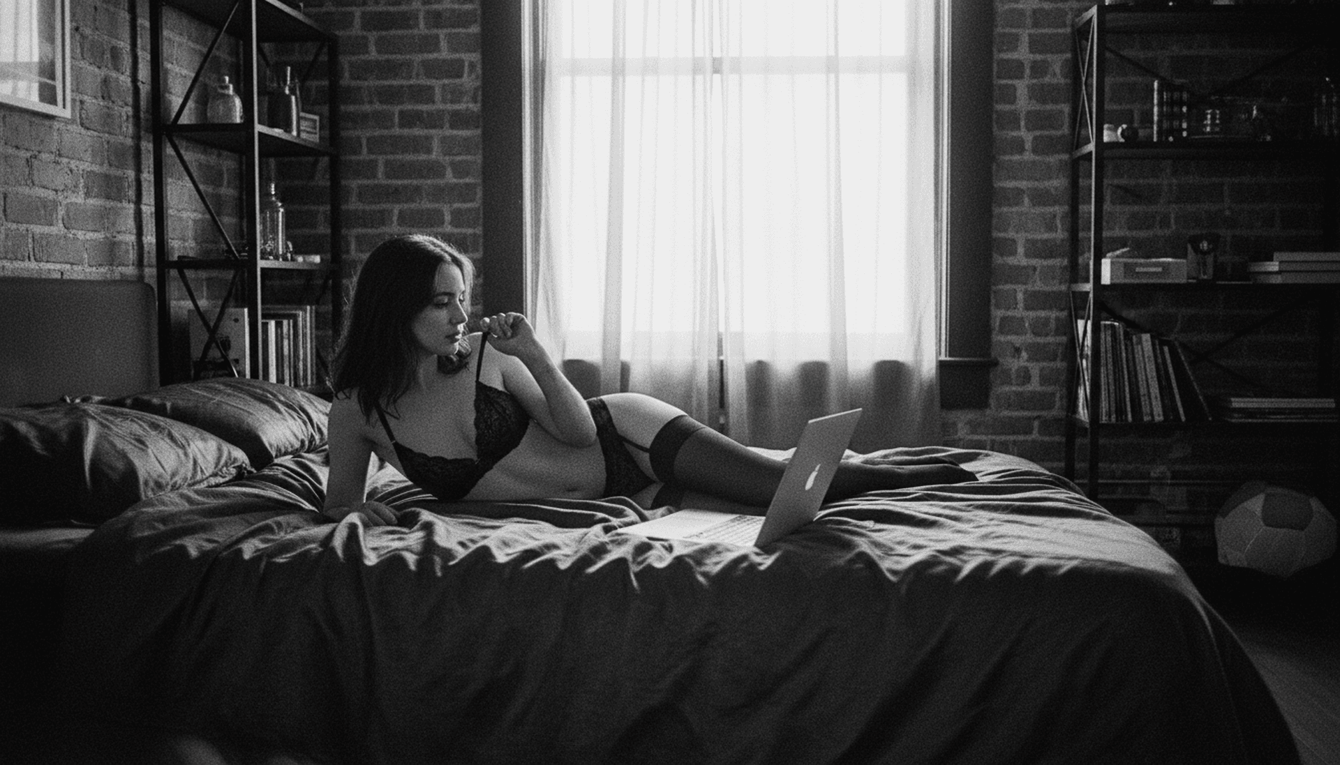 AI generated: A woman wearing a lace bra and garter thigh-high stockings, reclining on a bed with a laptop, casual...