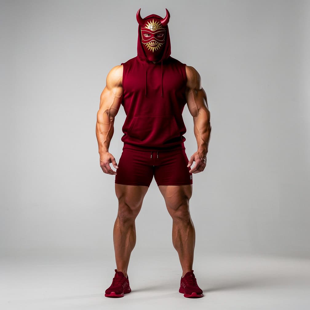 AI generated: A big muscular man wearing maroon short shorts and a maroon tank top and a hood plus a maroon mask w...