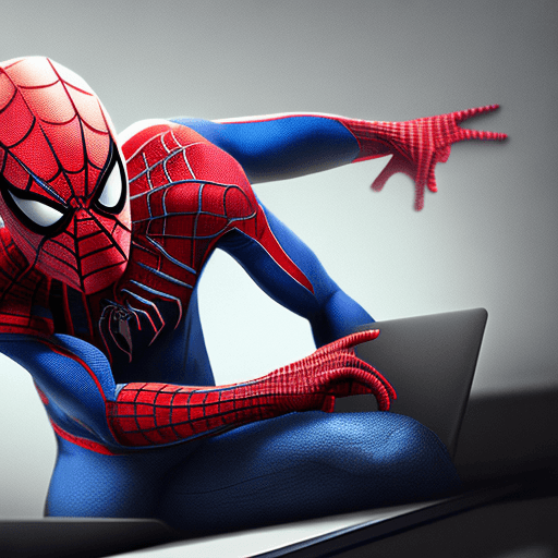 AI generated: Spiderman with laptop, dark, cinematic, hyper realism, high detail, octane render, 8k