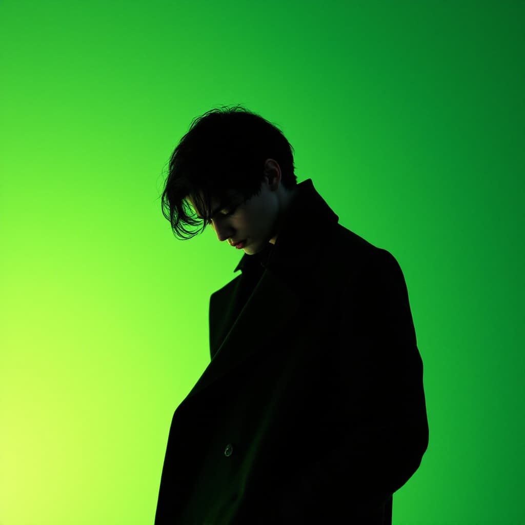 AI generated: A young person with short dark hair, wearing a black coat, standing in silhouette against a vibrant ...