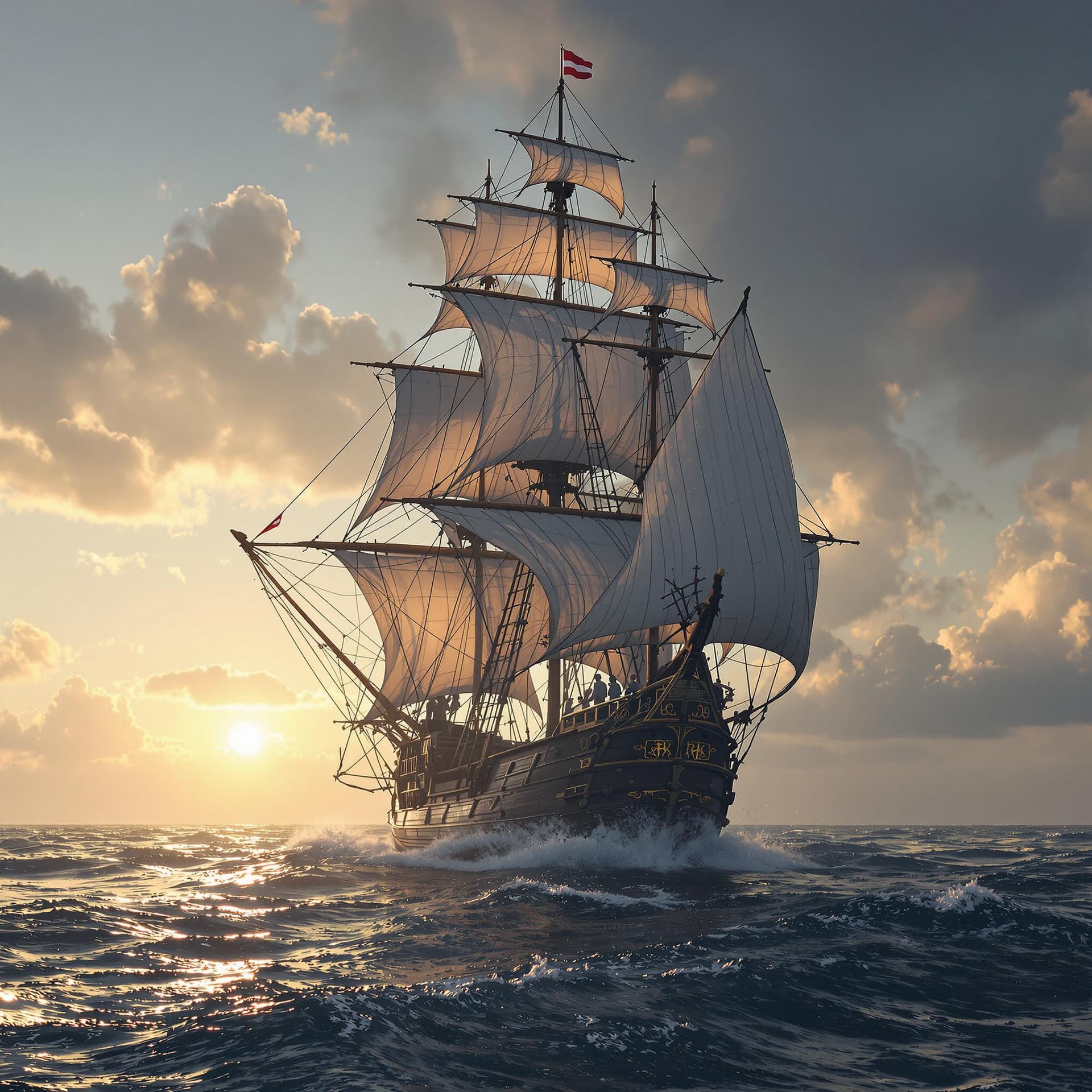 AI generated: Photo of a ultra realistic sailing ship, dramatic light, pale sunrise, cinematic lighting, battered,...