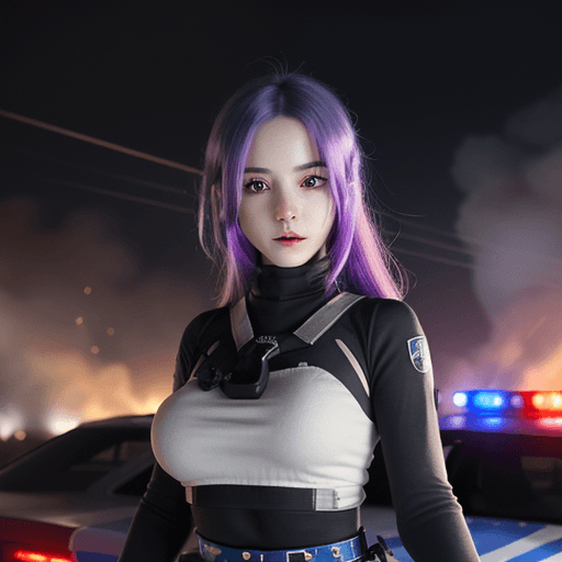 AI generated:  Jinx, on top of a police car, explosions behind her, fire, chaos, minigun, far view, bullet hell, <...