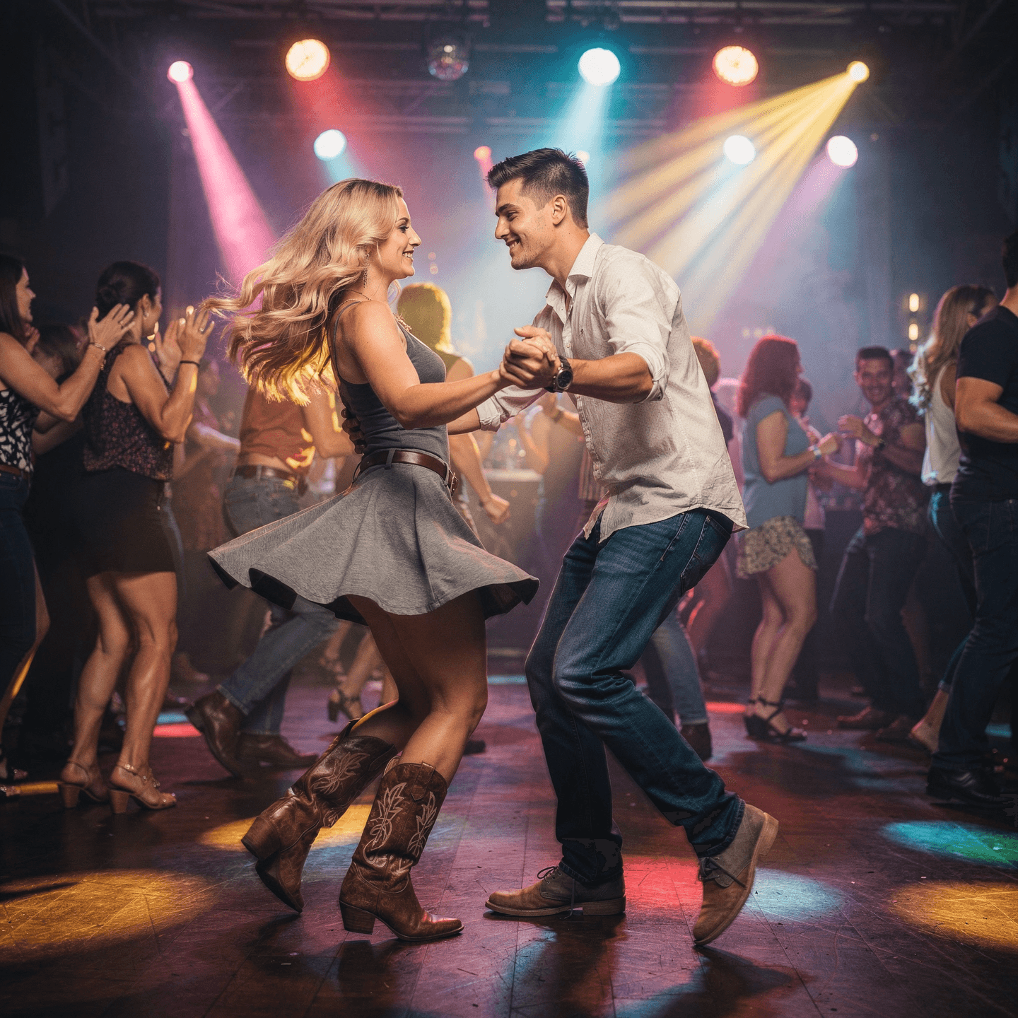 AI generated: a crowded dance floor with people all around them, a young man and woman are doing a swing dance. Sh...