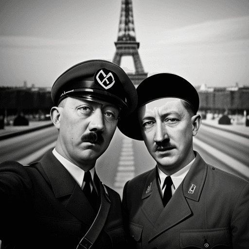 AI generated: Adolf Hitler and Heinrich Himmler taking a selfie infront of the Eiffel Tower. symmetrical hyper rea...