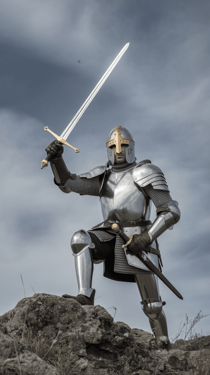 AI generated: Medieval knight, swinging a long sword, full body armor, highly realistic, ultra-detailed --ar 68:12...