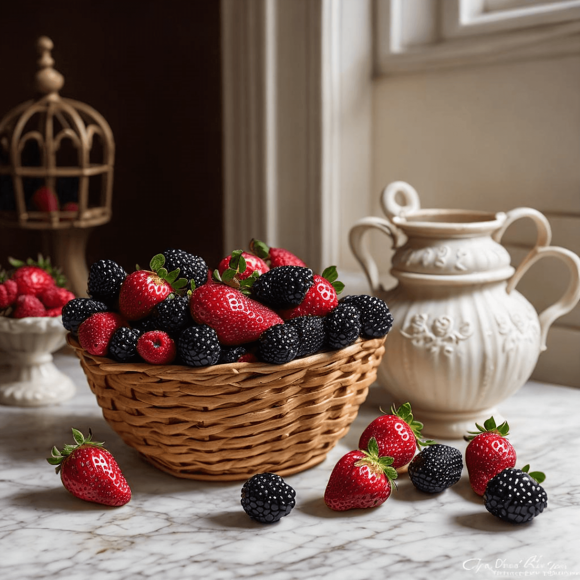 AI generated: Victorian basket of berries: strawberry, blackberry and cranberry, extremely detailed and realistic,...