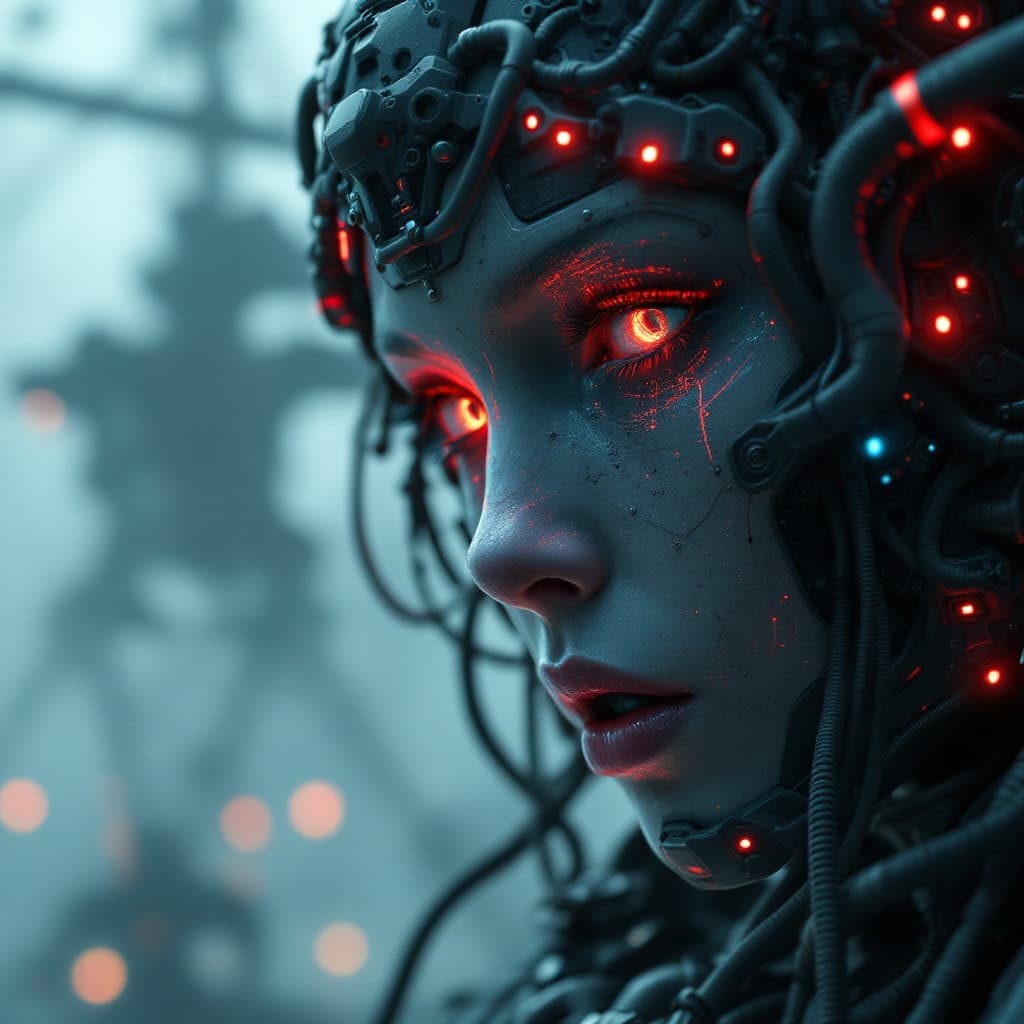 AI generated: 3d rendering, close-up, hyper detail front shot, focus to face, strange face with complex system equ...