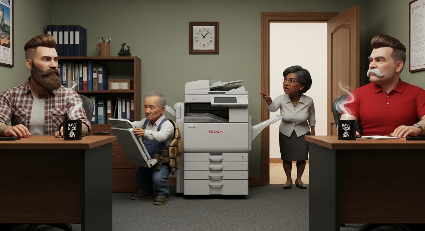 AI generated: Generate a realistic lifelike image of a small office, there are two corner desks opposite each othe...