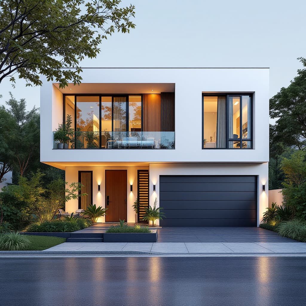 AI generated: Draw a luxury  minimalist one storied vibrant residential house [garage]