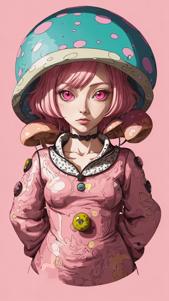 AI generated: in a funky background portrait of little mushroom woman, pink hair, Prominent eyes, funky background...