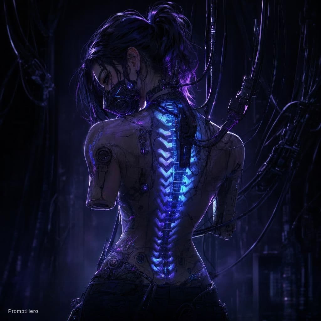 AI generated: woman, solo,glowing mechanical spine, translucent body, biomechanical anatomy, neon blue circuits, b...