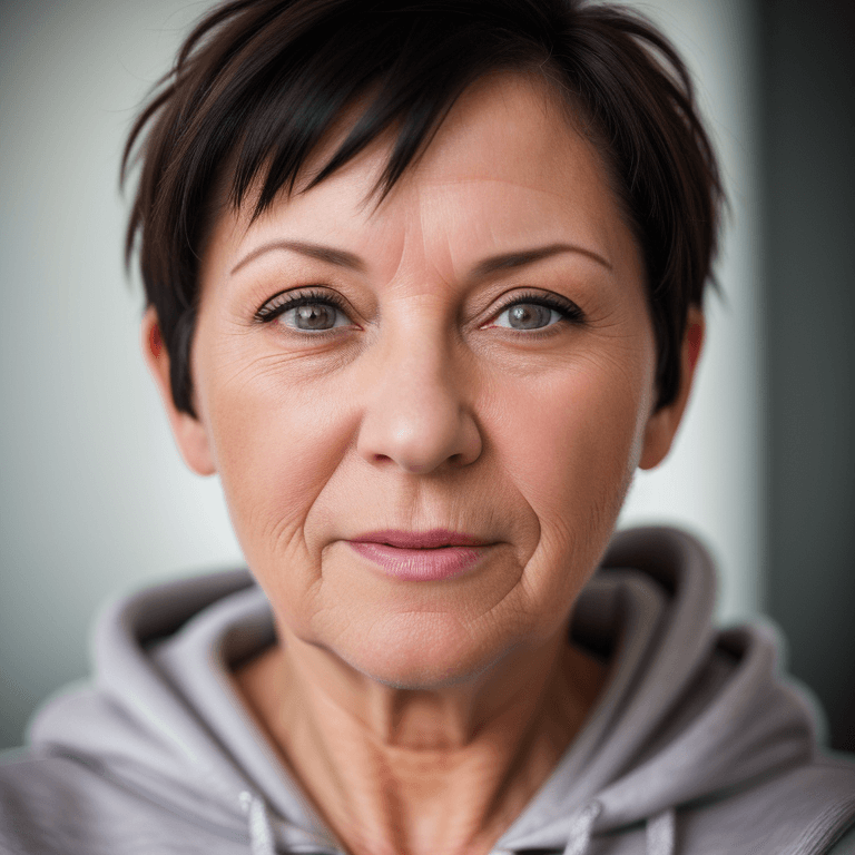 AI generated: hyper realistic headshot photo of a 55 year old woman, wearing a hoodie, short hair,  looking into t...