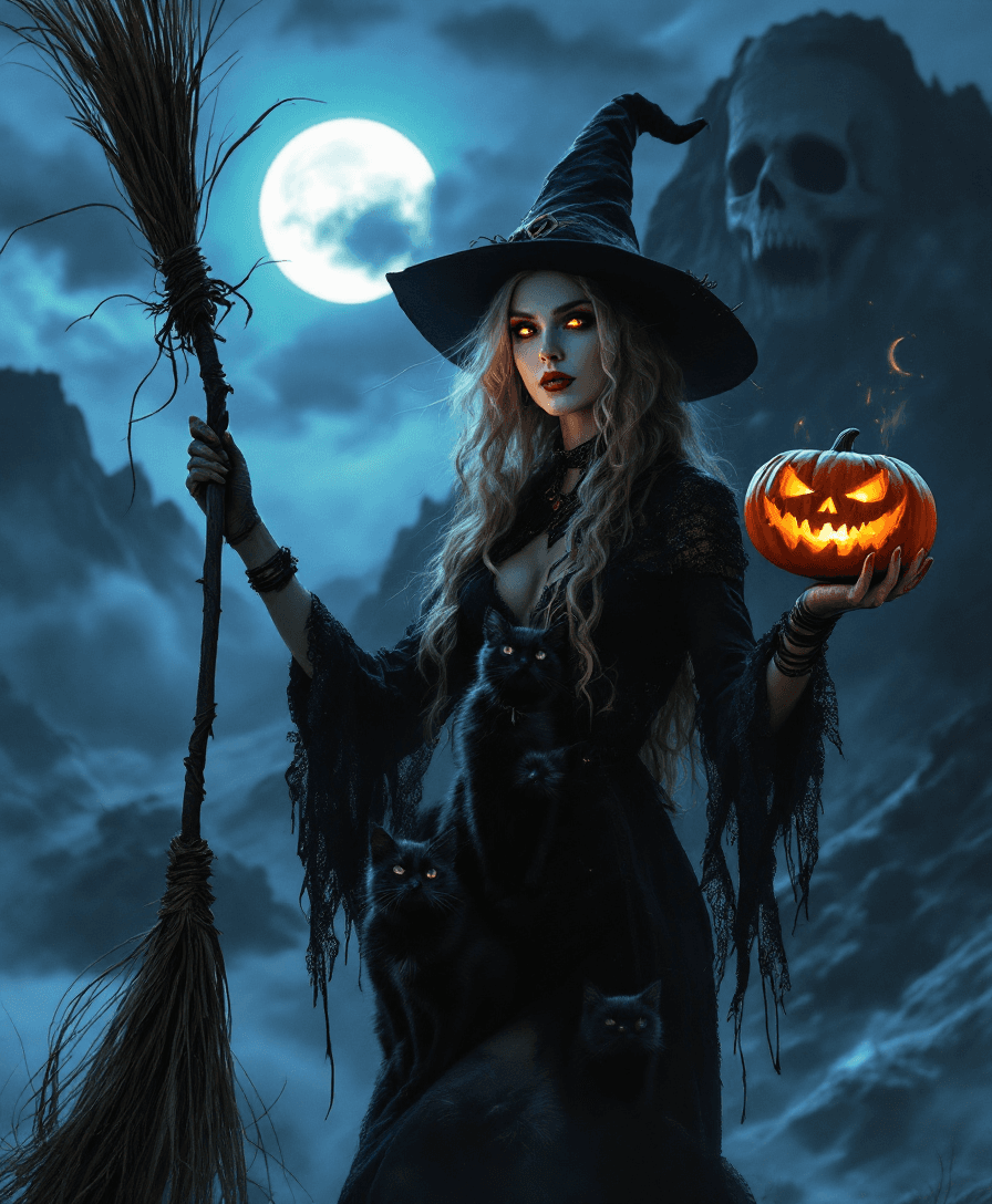 AI generated: an ultra high definition studio quality portrait of a witch holding a broomstick with her left hand....