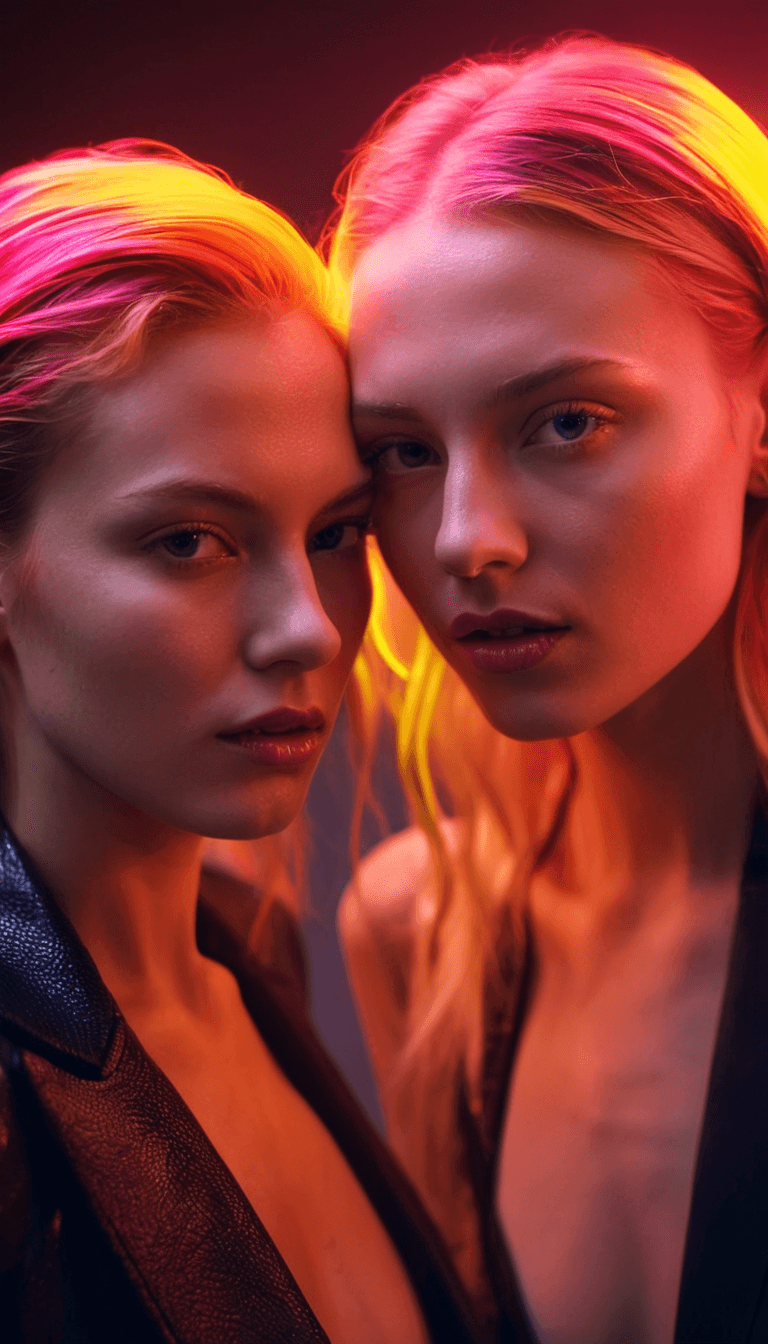 AI generated: Fashion photography, close-up portrait of two stylish women with vibrant red and orange neon lightin...