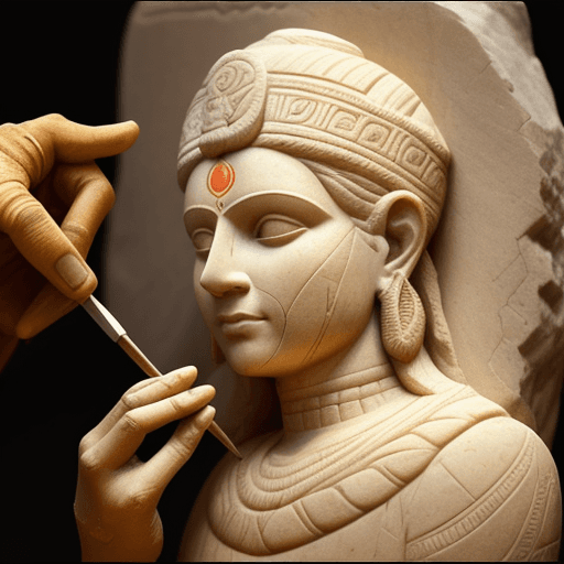 AI generated: A sculptor in ancient Indian attire, carving a beautiful face on a stone. They envision a masterpiec...