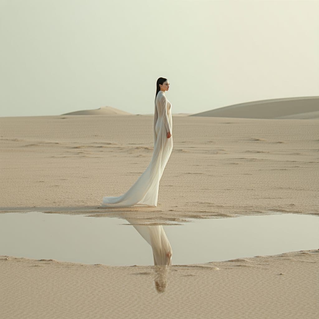 AI generated: A melancholic desert seer, where her form seems to shimmer like a desert mirage and her dress shifti...