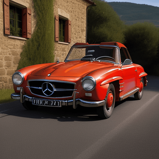 AI generated: high resolution photograph of red Mercedes 190 SL, little road in tuscany