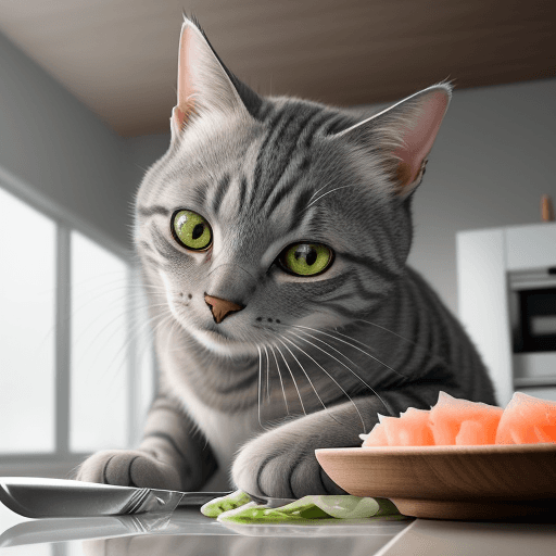 AI generated: close-up photography of (grey tabby cat:1.2) (cuts the fish with a knife on the table:1.2), (c4ttitu...
