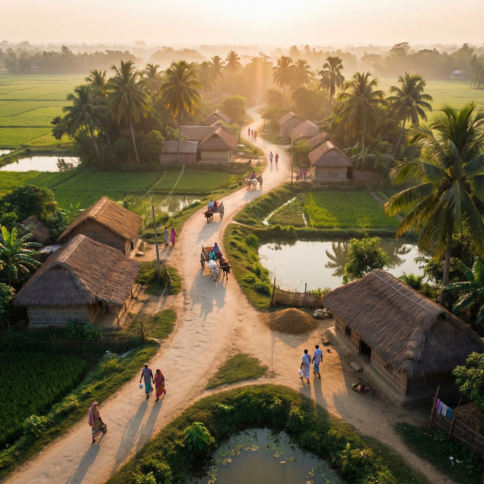 AI generated: A cinematic video of a Bengali village road in the morning,
soft sunlight, people walking slowly,
ci...