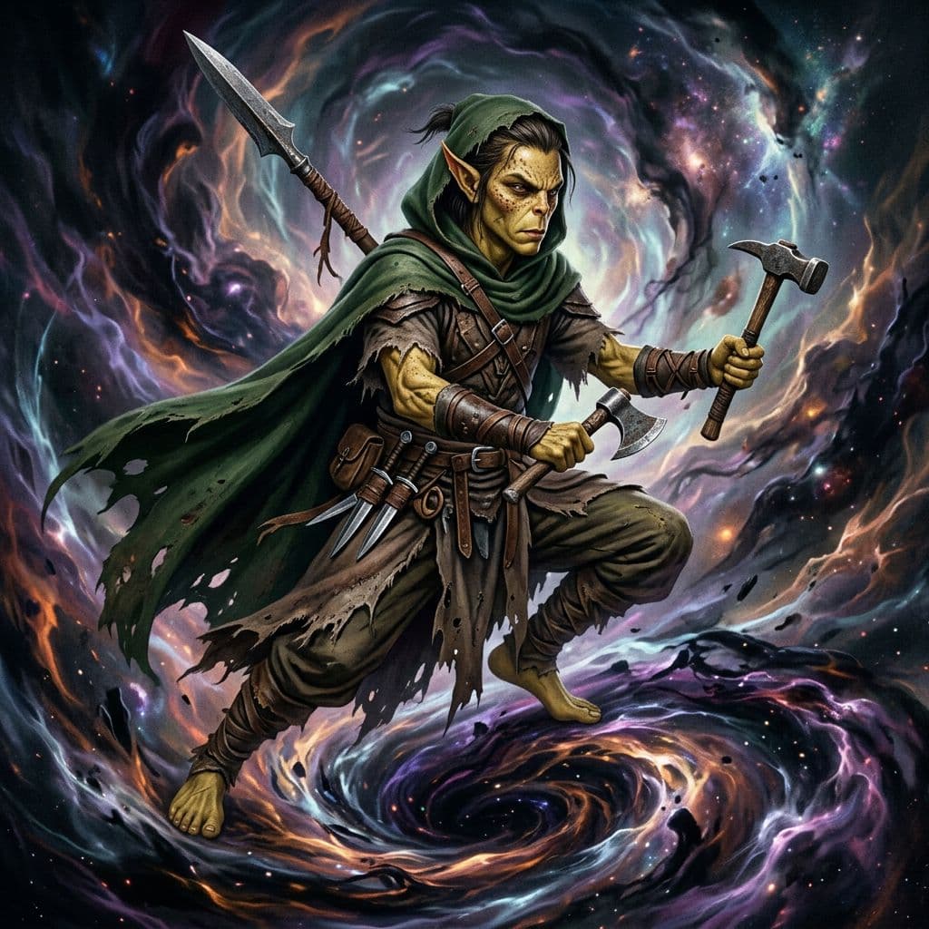 AI generated: male githzerai ranger wearing green hooded  cloak and tattered robes with spear strapped on back and...