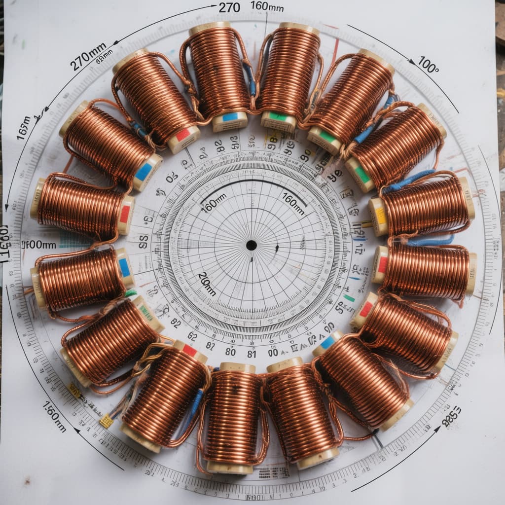 AI generated: Top-down view of 12 racetrack-shaped copper coils arranged in a perfect circle on a flat template, e...
