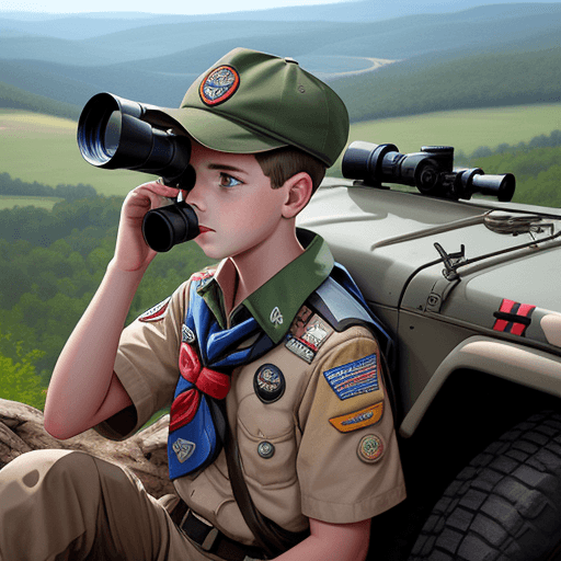 AI generated: a boy scout looking through binoculars sitting on a jeep on top of hill --ar 40:49