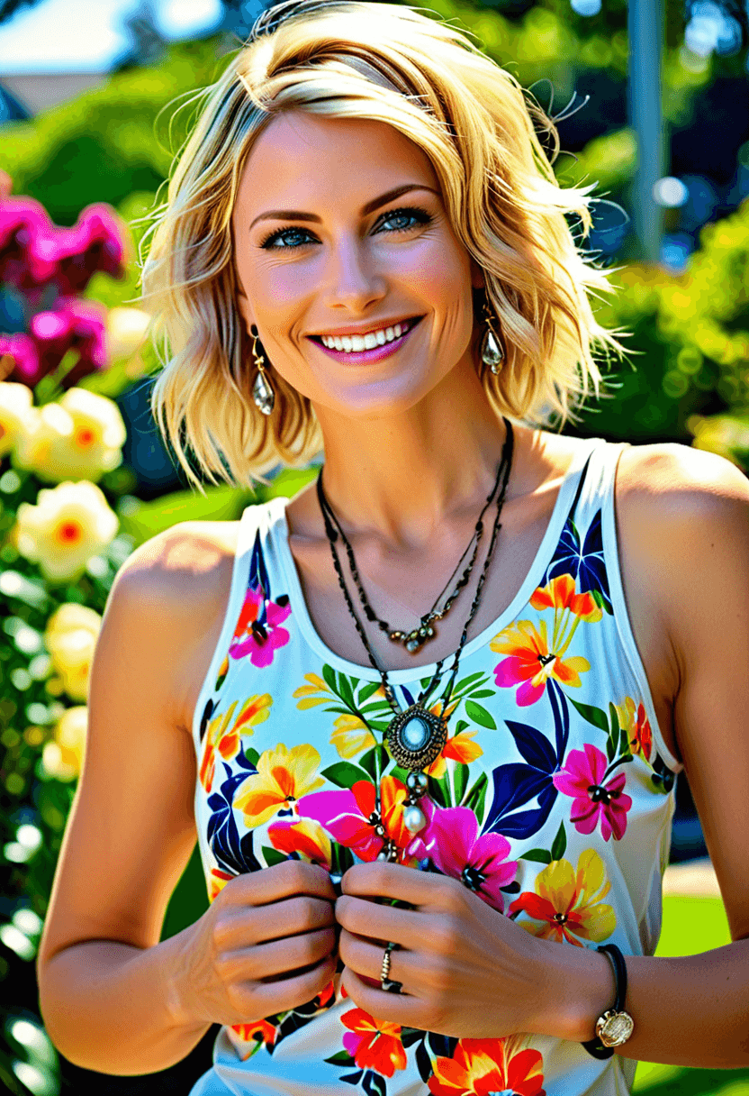 AI generated: glamorous photo a medium close-up photograph of smiling woman with French crop hair, blonde hair wit...