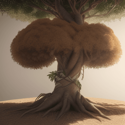 AI generated: drawing of a Brazilian tree, example aroeira, with a golden vision, illuminated with shades of brown...