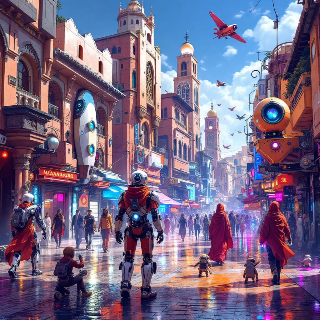AI generated: High tech futuristic Street of the medina in marrakech with cultural fusion, high tech buildings wit...