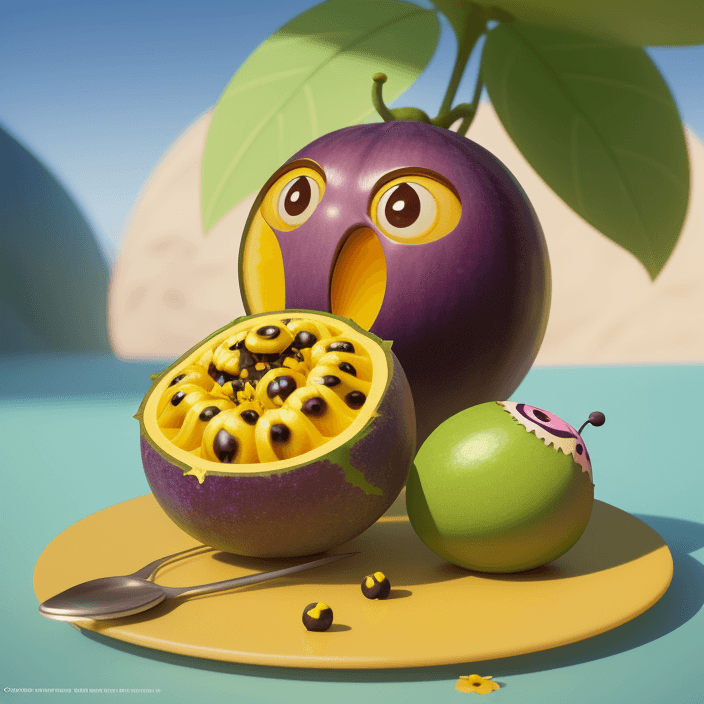 AI generated: A happy cartoon Passion Fruit, Pixar Style, perfect composition, 8k artistic photography, photoreali...