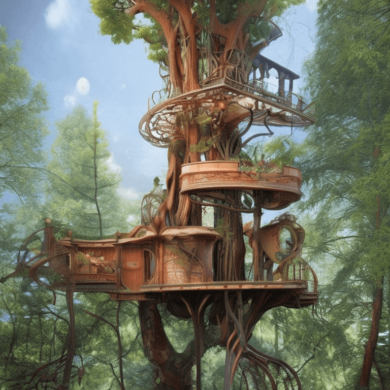 AI generated: art nouveau treehouse by jean-leon gerome :: art nouveau treehouse by james paick ::2 art nouveau tr...