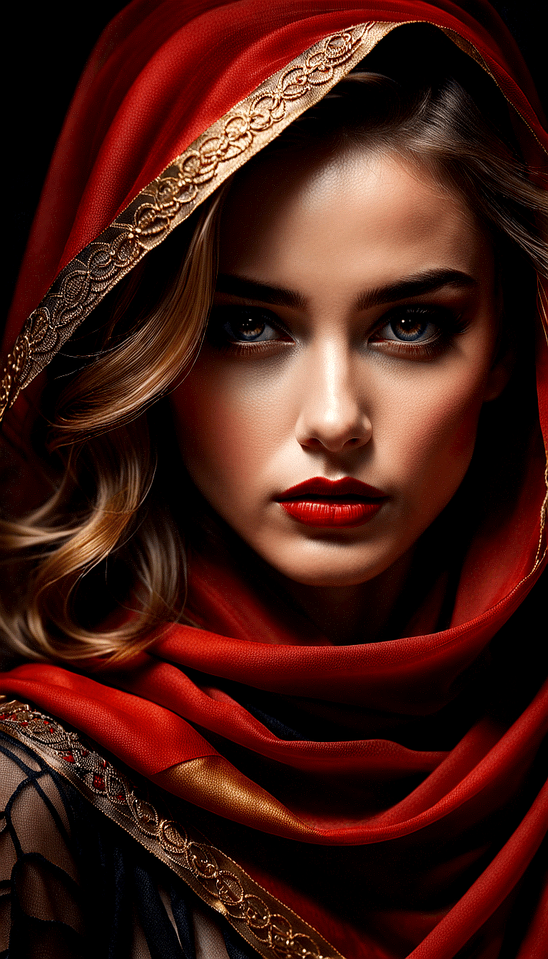 AI generated: breathtaking portrait of a gorgeous girl, sultry, red scarf, dark gold and black, gossamer fabrics, ...
