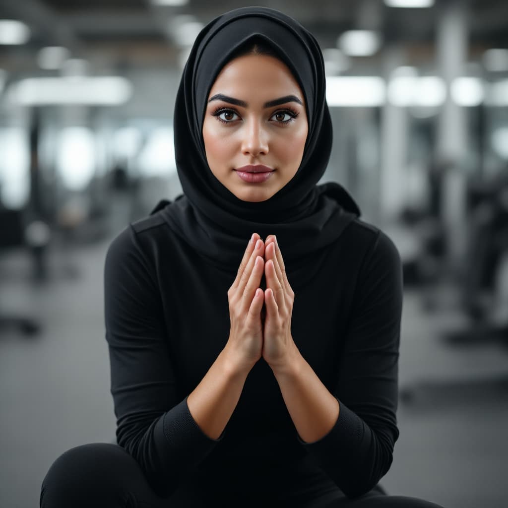 AI generated: Muslim woman wearing a 3/4 sleeved black stretch top and hijab on her knees in the gym begging 