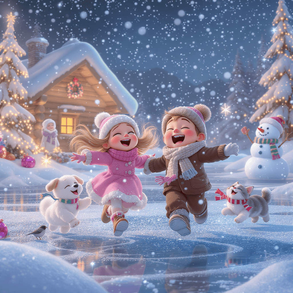 AI generated: A magical, heartwarming winter scene in a modern USA animated Christmas style, featuring a cheerful ...