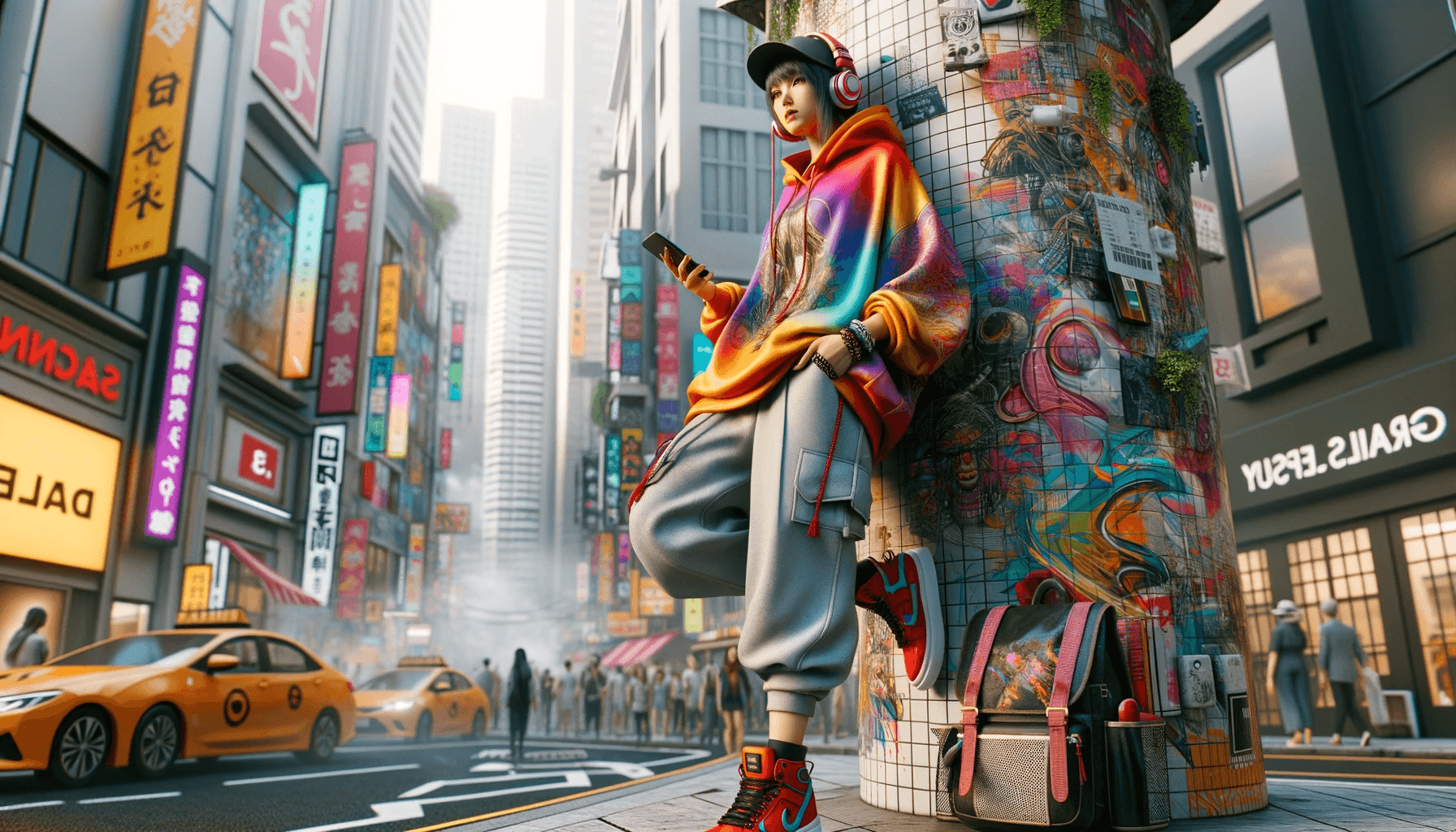 AI generated: Tall 3D render showcasing a female character immersed in the heart of the city. Her outfit, a blend ...