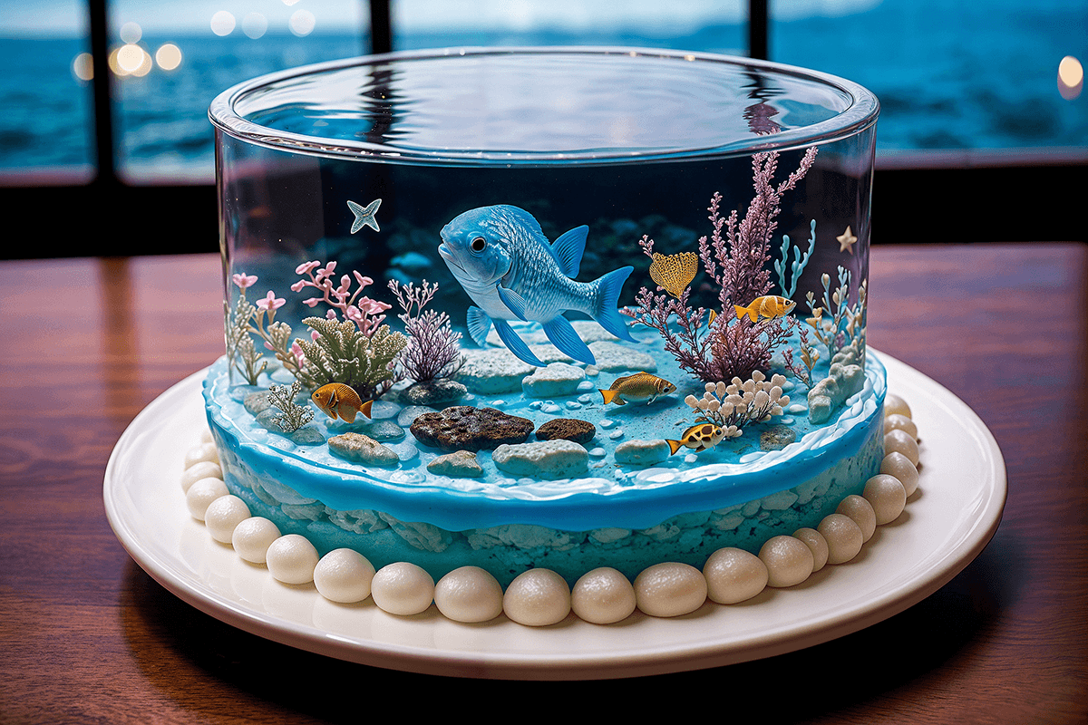 AI generated: see-through design (blue water cake:0.56) mimics blue aquarium with fishes inside of transparent cak...