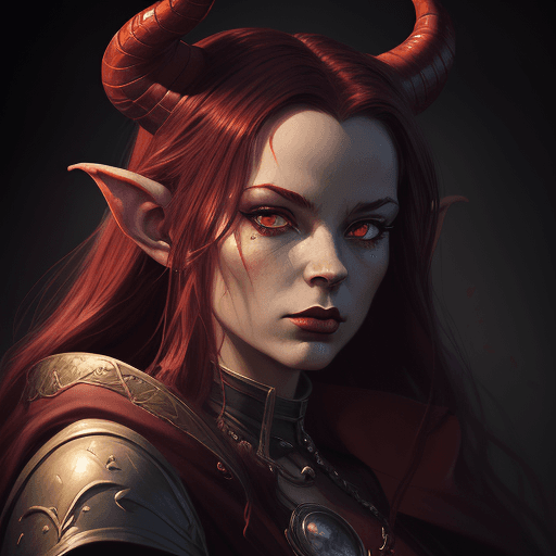AI generated: painting of a woman with horns and a red cape, tiefling, portrait of demon girl, tiefling female war...