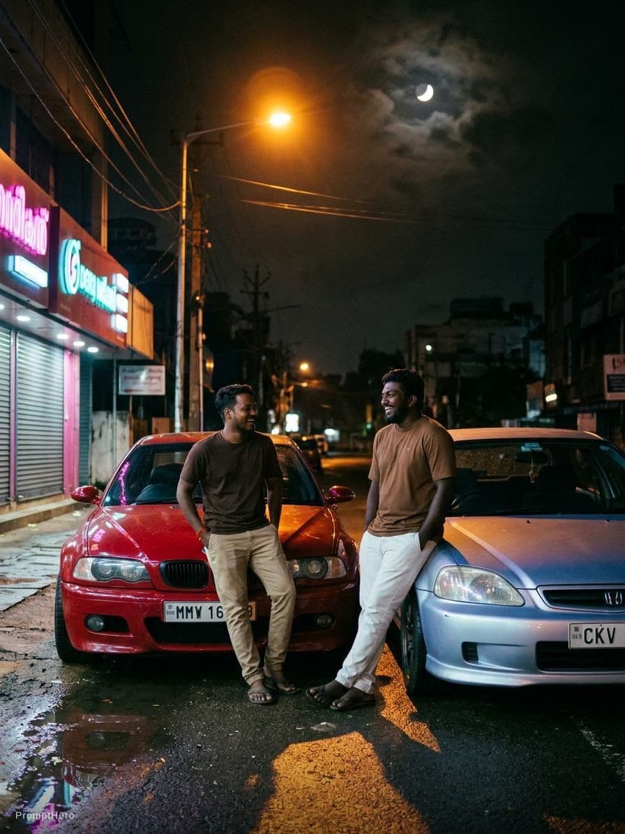 AI generated: Two brothers mid-laugh under a flickering amber streetlight at 3 AM. Older wears a coffee-brown tee ...