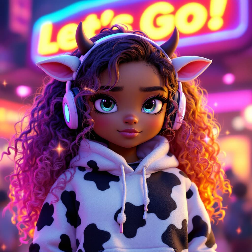 AI generated: dark skin anime girl, blue cow print, thick cow tail, cow ears, 20s, CHUBBY, flat wide button nose, ...