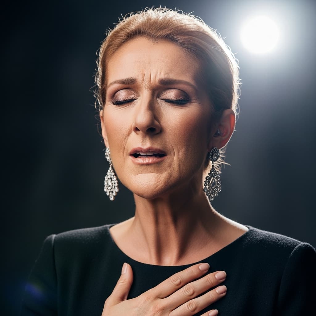 AI generated: Close-up of a powerful female singer on stage, in the style of Céline Dion, deeply focused and emoti...