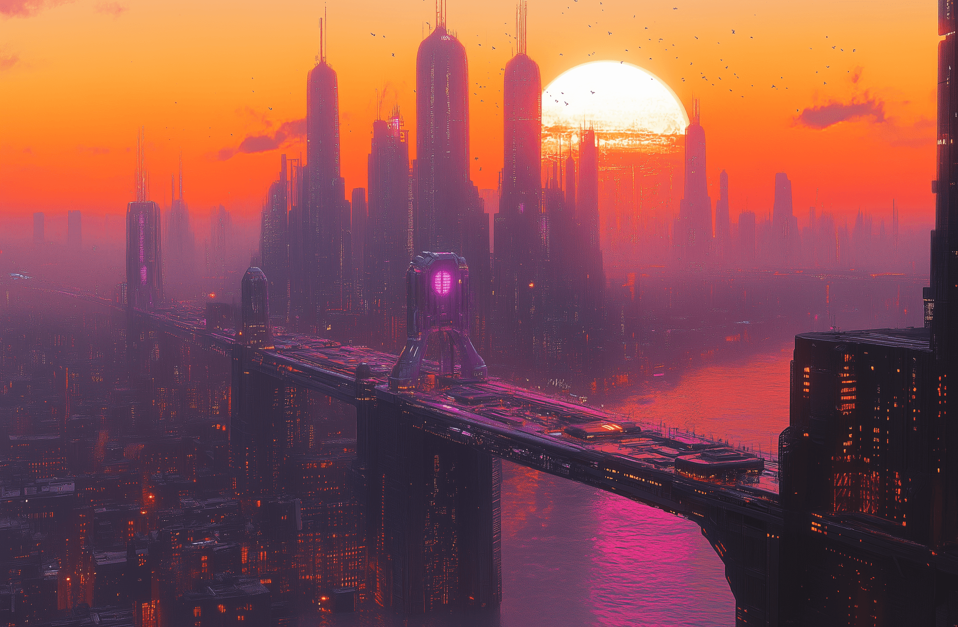 AI generated: A futuristic painting of the New York City skyline in the year 2100 with an orange and purple color ...