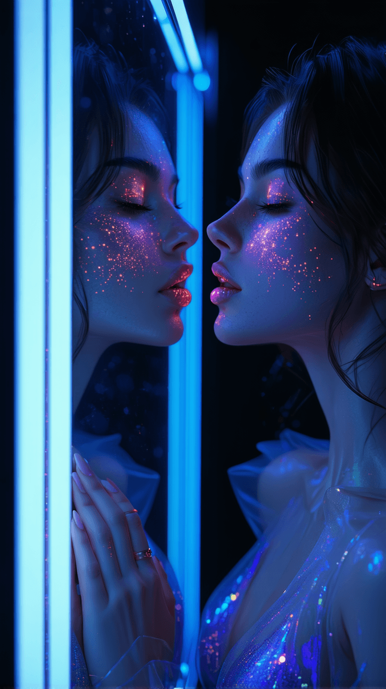 AI generated: A stunning woman in her late 20s, ethereal beauty, wearing a sheer iridescent dress that catches the...