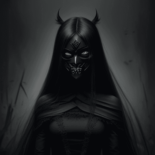 AI generated: sadness wearing the mask of anger, dark, a woman with long hairs facing away, 