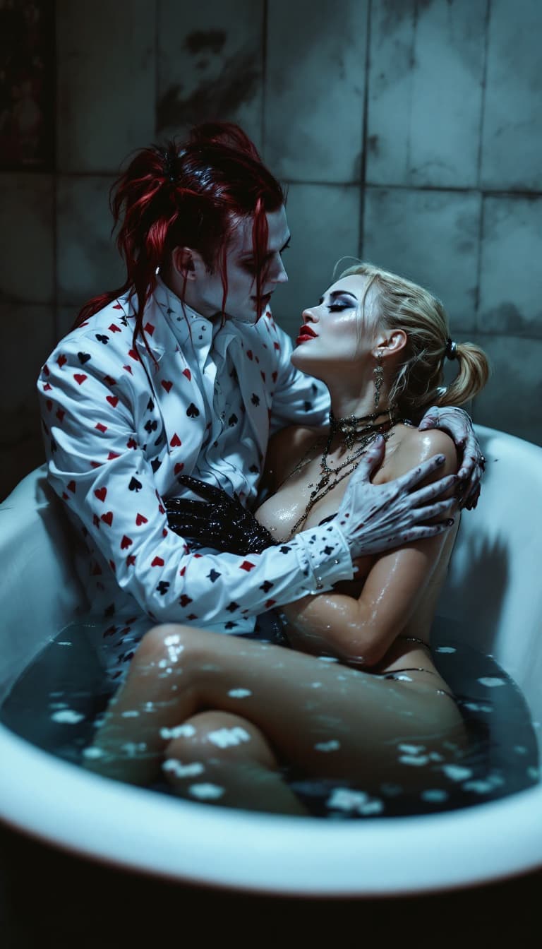 AI generated:  photo realism fictional character harley quin dressed as a fashon model in a chic elegant fashion m...