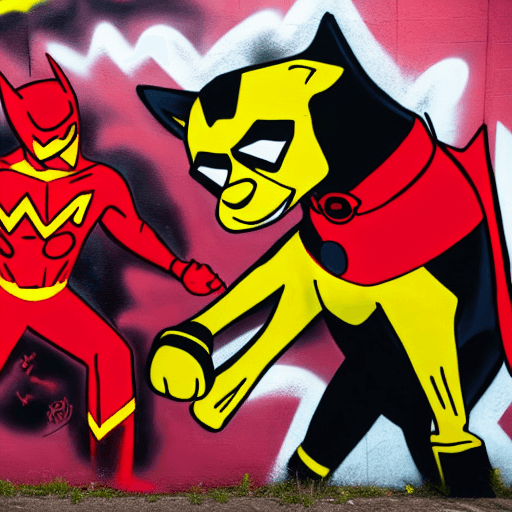 AI generated: a blackman in a red and yellow superhero suit  fighting a white man in a dog superhero suit, in fron...