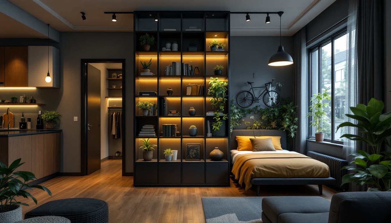 AI generated: A cozy and realistic 8x5m studio apartment with a garden-facing entrance. Enter into a kitchen with ...